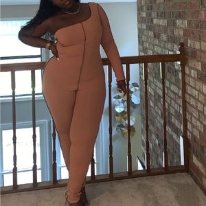 Nude colored, off shoulder jumpsuit